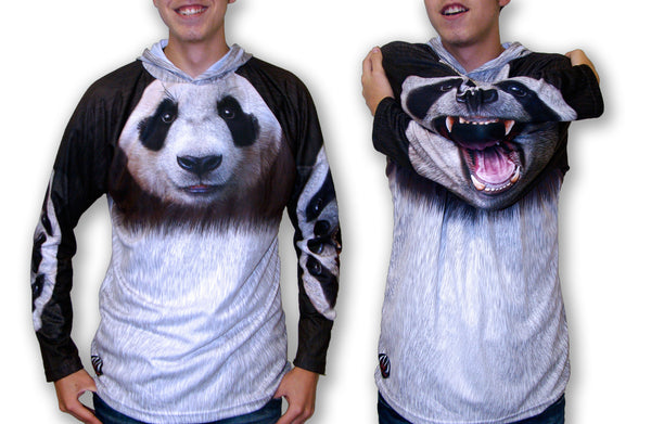 Giant faced Panda Mouthman chomp hoodie shirt front view of arms up and arms down