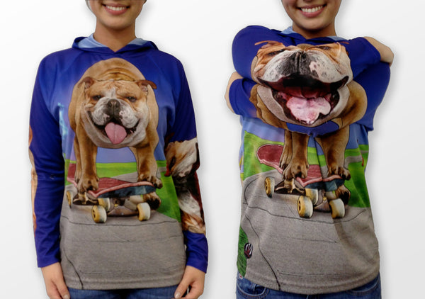 Bulldog on skateboard Mouthman hoodie shirt front view