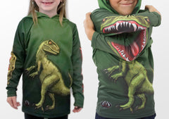 Raptor dinosaur hoodie shirt arms up and down views