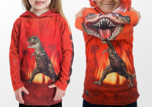 T-Rex dinosaur chomp hoodie shirt, front view