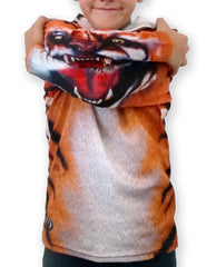 closeup tiger hoodie shirt with mouth on sleeves