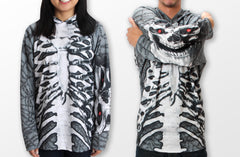 adult size Mouthman Skeleton chomp hoodie shirt grey and white