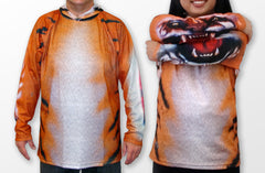 Front view of Mouthman tiger hoodie shirt with chomping sleeves