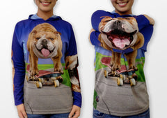 Bulldog on skateboard Mouthman hoodie shirt front view 