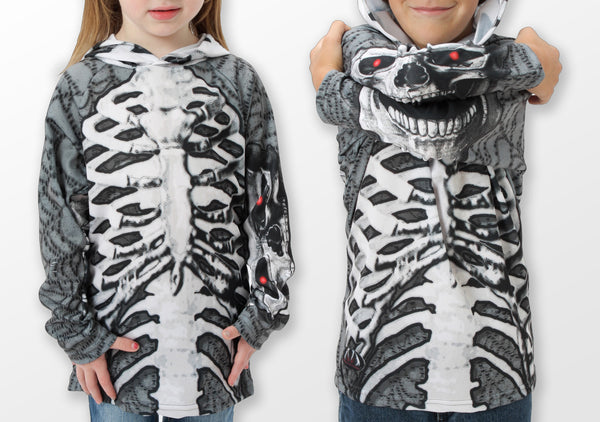 grey and white skeleton hoodie shirt showing mouth on sleeves