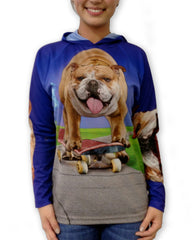 Front detail of Mouthman skateboarding bulldog hoodie shirt