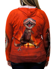 Back detail of Red T-REx hoodie shirt